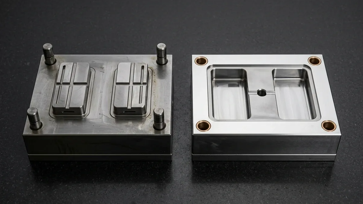 Two black compression-molded silicone bellows boots beside two cored-out injection-molded glass-filled nylon housings on granite