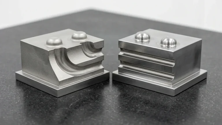 Two sectioned maraging steel mold core inserts comparing DMLS spiral conformal cooling against gun-drilled channels