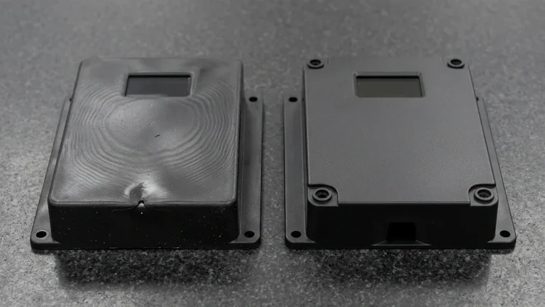 Two matte-black ABS injection-molded housings comparing concentric gate flow-mark halo rings against a uniform satin finish