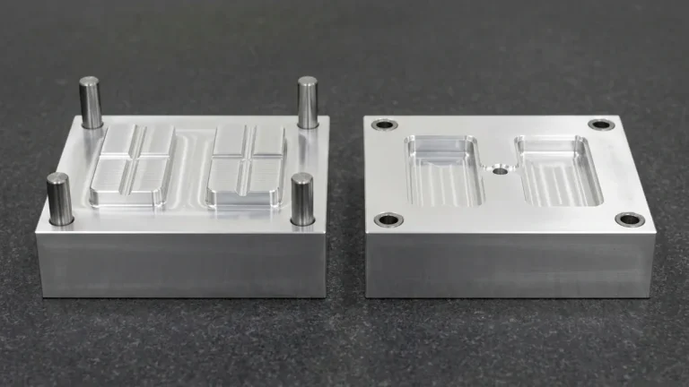 Matched CNC-machined 7075-T651 aluminum two-cavity rapid tooling core and cavity blocks resting flat on black granite