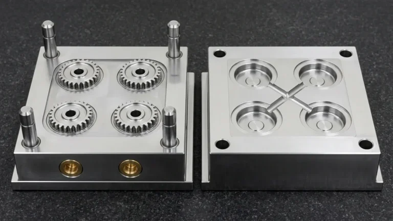 Mirror-polished S136 ESR stainless tool steel Class-101 cavity block beside a pre-hardened P20 steel bridge cavity block