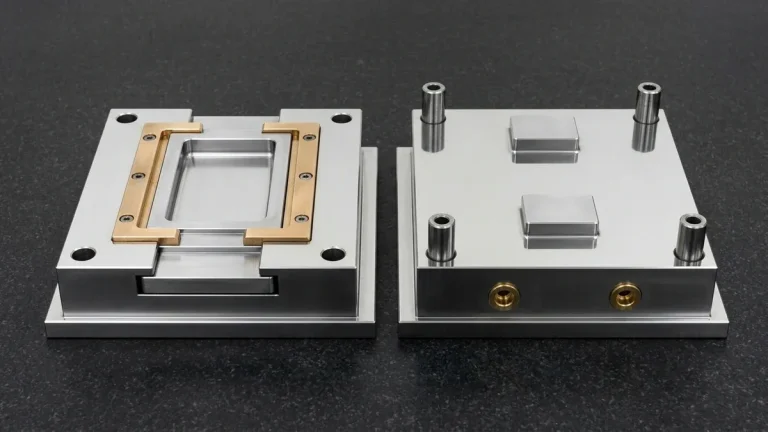 Matched mirror-polished tool steel injection mold core and cavity blocks with bronze-guided mechanical side-action slider