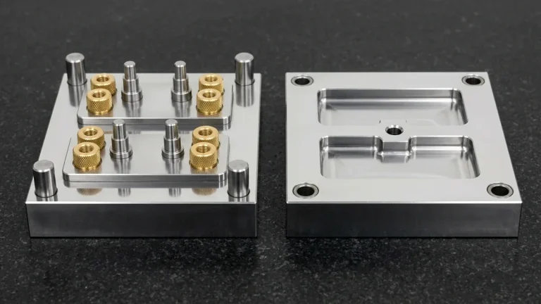 Matched mirror-polished tool steel insert-molding core and cavity blocks with brass threaded inserts on locating pins