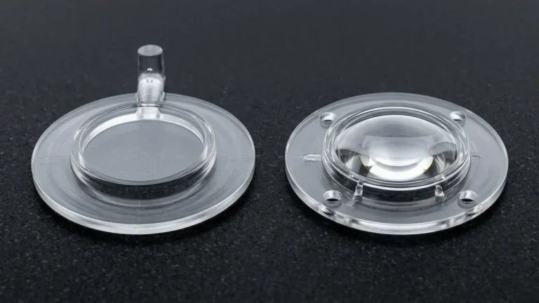 Two water-clear optical polycarbonate injection-molded lens housings comparing fan-gated runner attachment and degated dome