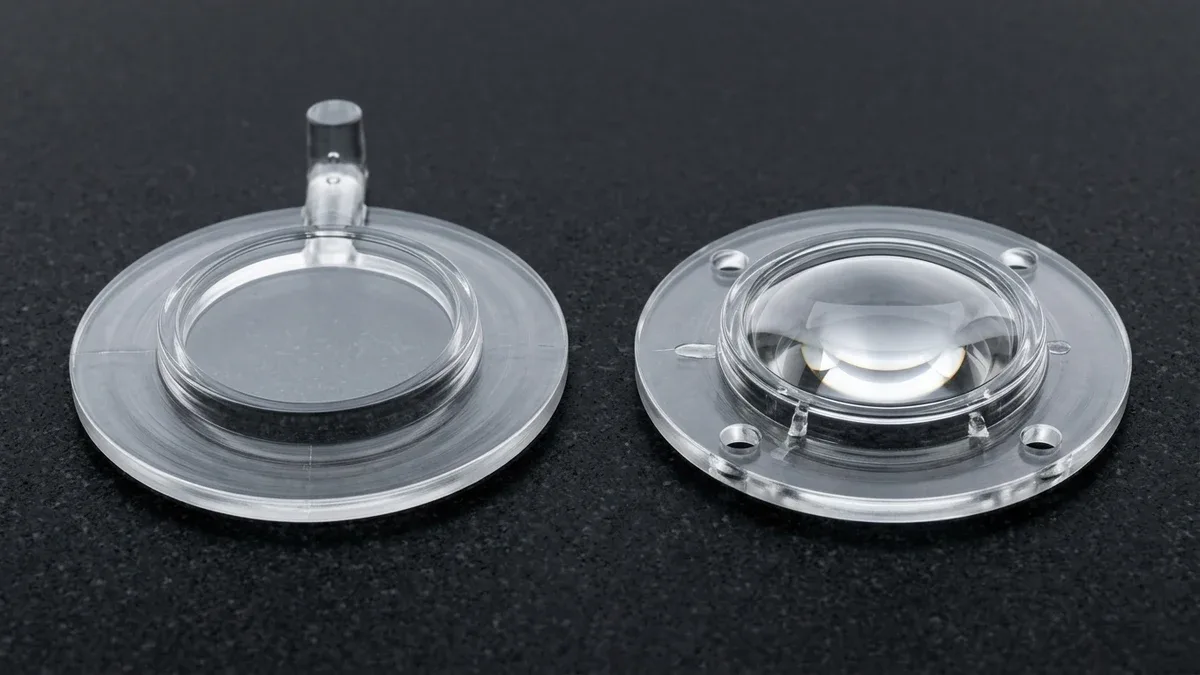 Two water-clear optical polycarbonate injection-molded lens housings comparing fan-gated runner attachment and degated dome