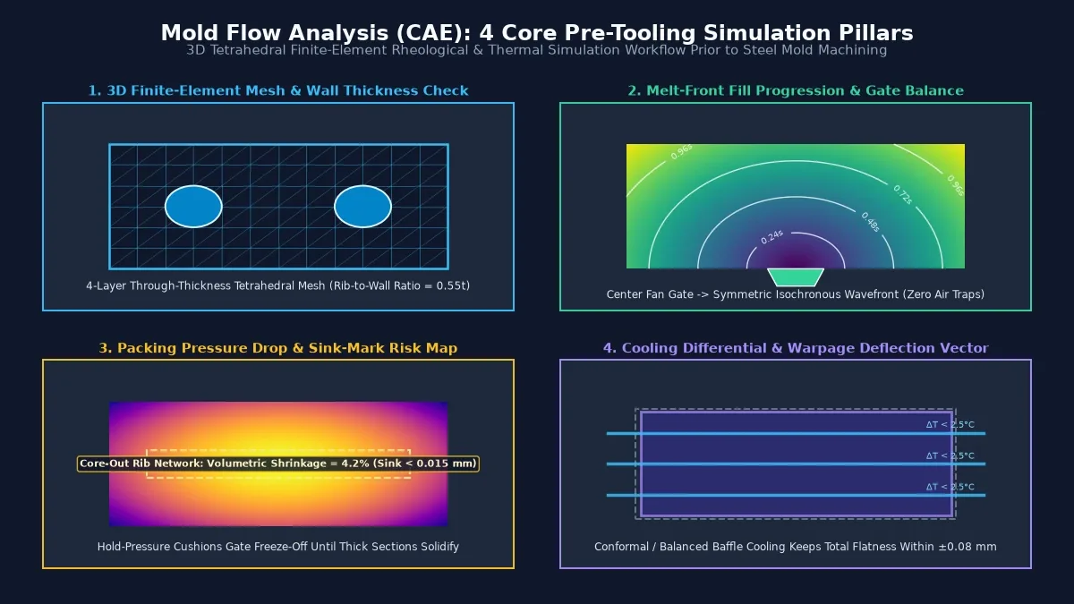 Mold flow analysis CAE simulation chart showing 3D tetrahedral mesh, melt-front progression, packing pressure, and cooling balance