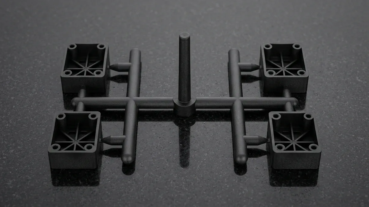 Two matte-black PC-ABS injection-molded housings comparing an intentionally under-filled 60 percent short-shot sample against a full shot