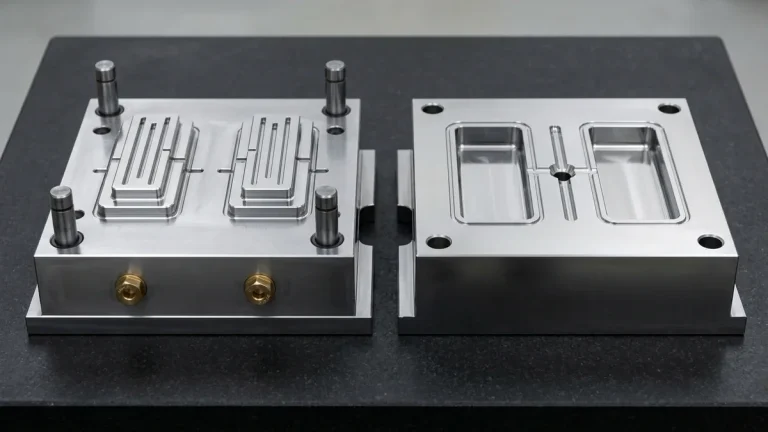 Matched hardened tool steel two-cavity injection mold core and cavity blocks with guide pillars and cooling ports