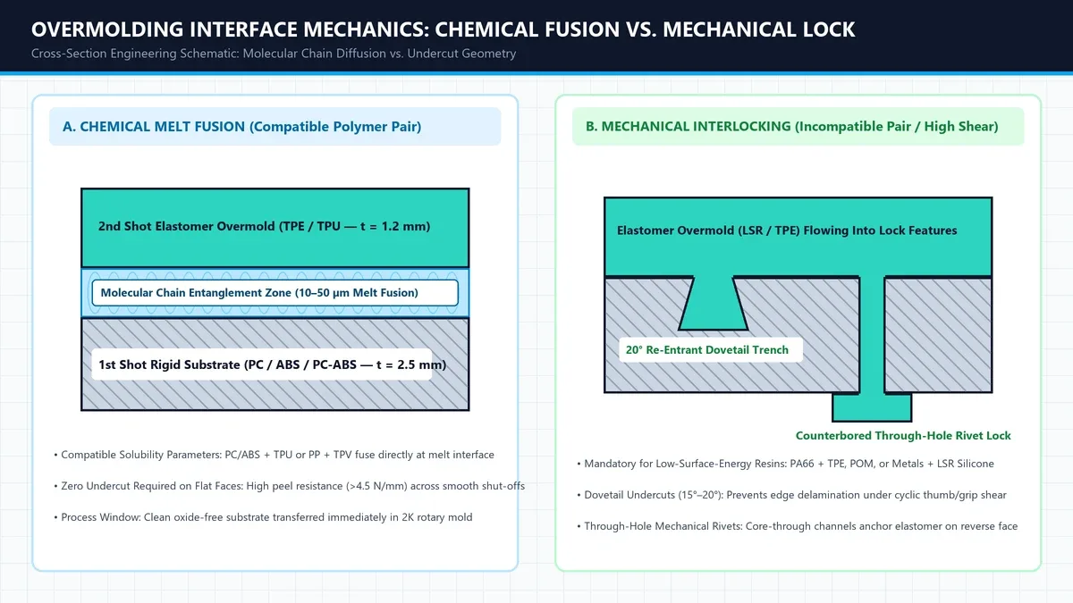 Overmolding material compatibility matrix chart rating chemical bond strength between TPE, TPU, TPV, LSR and rigid substrates