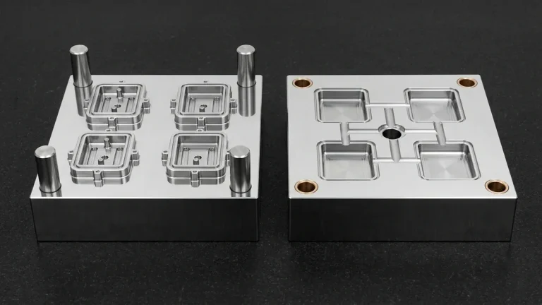 Matched hardened S136 tool steel four-cavity injection mold core and cavity blocks with balanced H-runner on granite