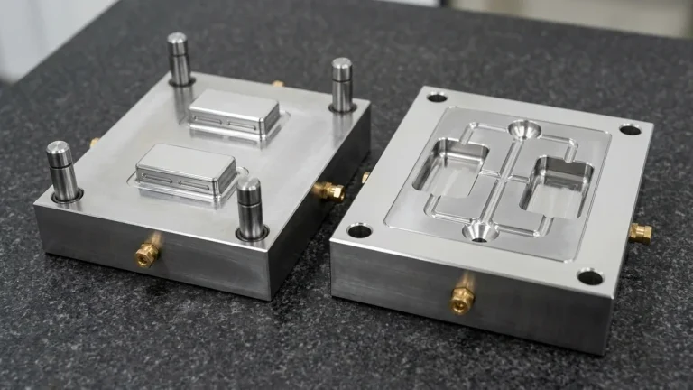 Matched mirror-polished S136 tool steel two-cavity injection mold core and cavity blocks with enclosed H-runner on granite