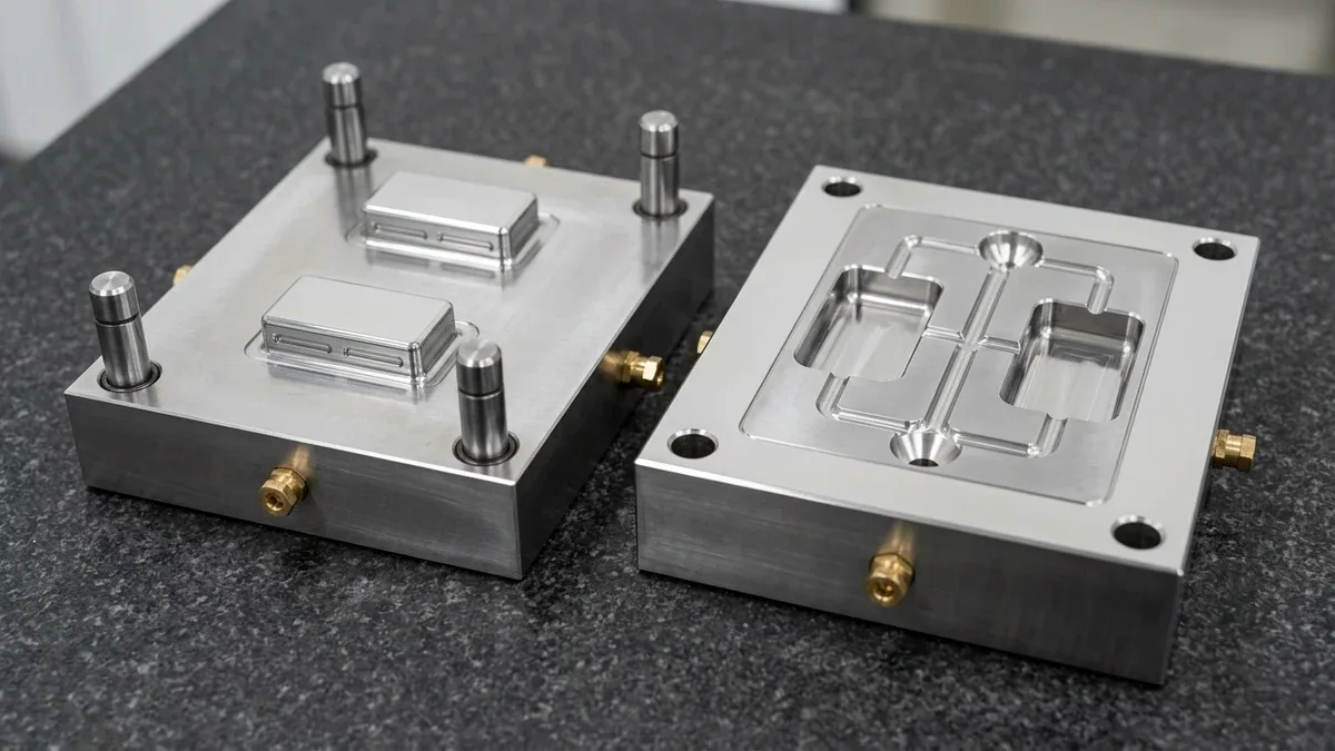 Matched mirror-polished S136 tool steel two-cavity injection mold core and cavity blocks with enclosed H-runner on granite