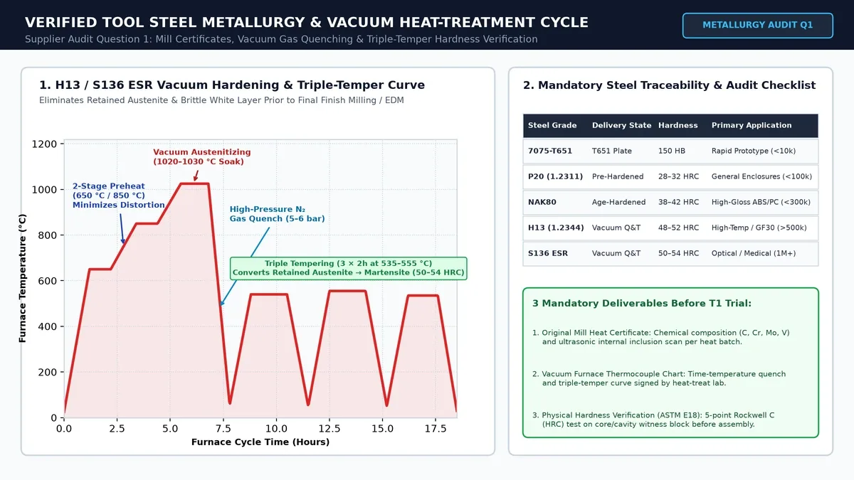 Vacuum heat-treatment furnace temperature curve showing two-stage preheat, austenitizing soak, nitrogen gas quench, and triple tempering
