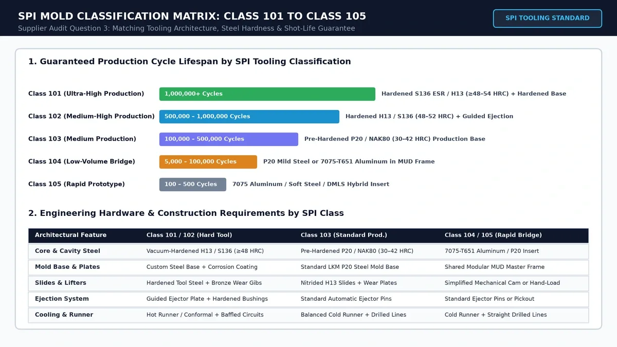 SPI injection mold classification matrix comparing guaranteed cycle life and hardware specifications across Class 101 to Class 105