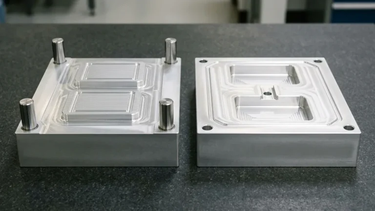 Matched CNC-machined 7075-T651 aluminum rapid tooling core and cavity blocks with cross-rib slots and enclosed runner