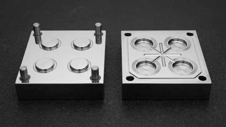 Matched mirror-polished tool steel four-cavity liquid silicone injection mold core and cavity blocks with vacuum vents