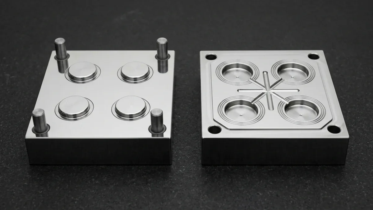 Matched mirror-polished tool steel four-cavity liquid silicone injection mold core and cavity blocks with vacuum vents