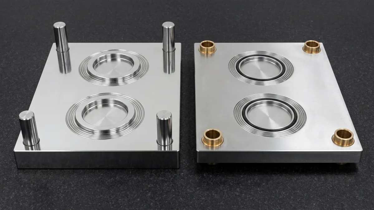 Matched mirror-polished tool steel compression mold upper and lower plates with circular gasket cavities and flash grooves