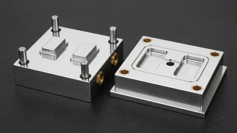 Matched mirror-polished tool steel two-cavity injection mold core and cavity blocks with guide pillars and cooling ports