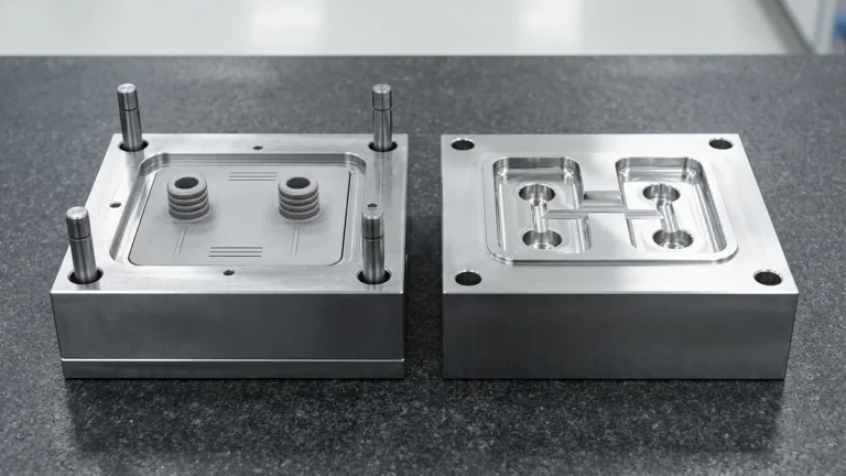 Matched H13 tool steel mold core and cavity blocks beside a hybrid DMLS maraging steel conformal-cooled core insert