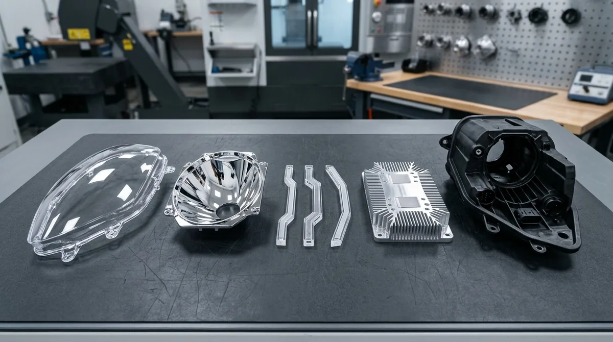 Automotive headlamp prototype subcomponents including optical PMMA lens, PVD chrome reflector bezel, acrylic light guide bars, skived heatsink, and polyurethane housing