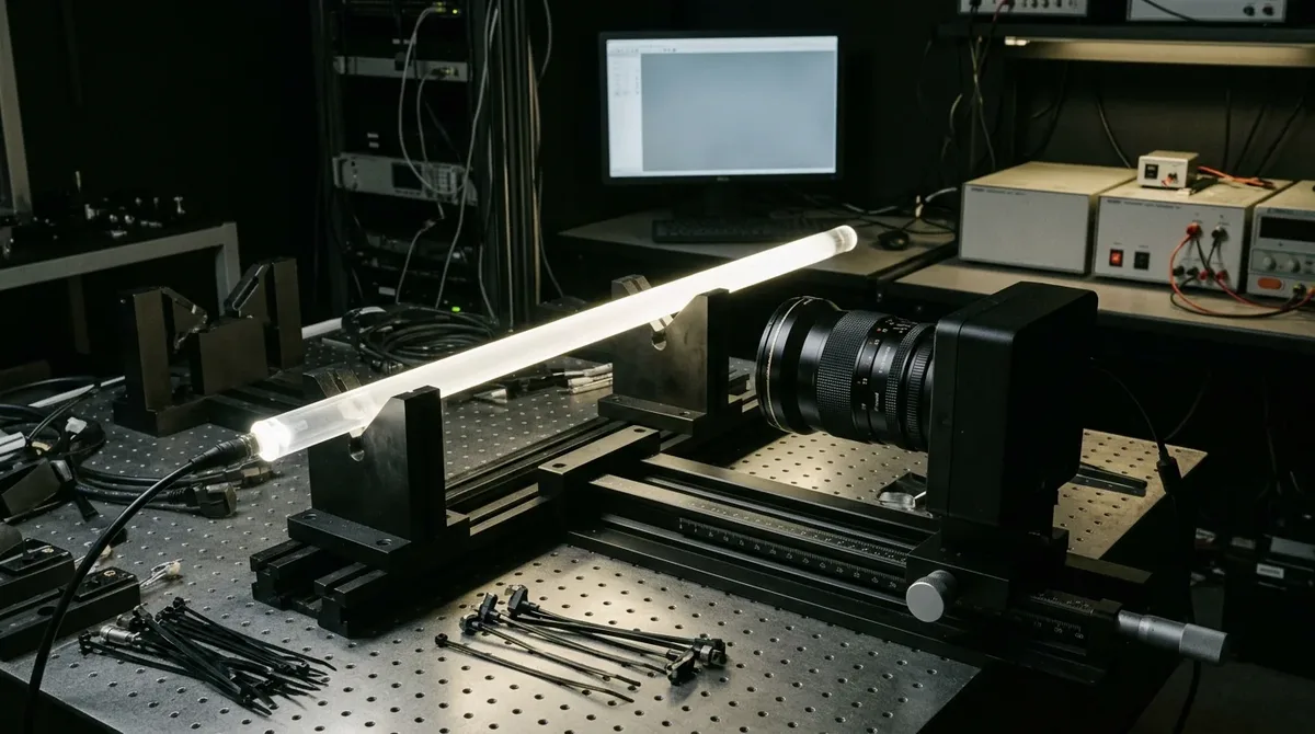 Darkroom 2D luminance imaging photometer camera evaluating light distribution along illuminated automotive ambient light pipe