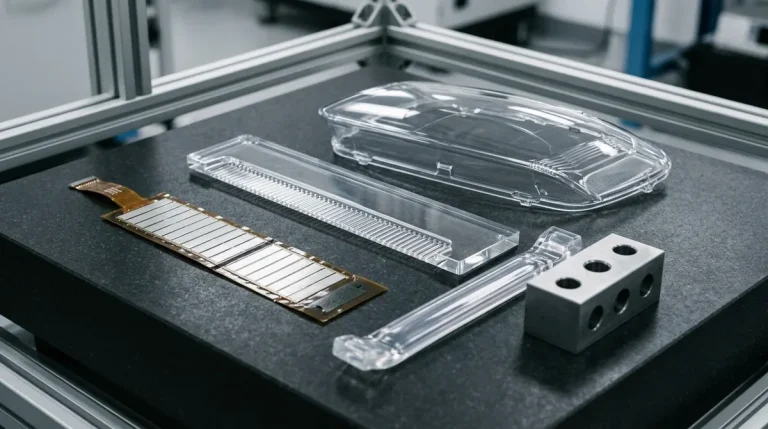 Precision automotive lighting prototypes including PMMA light guide and flexible OLED panel resting flat on metrology plate