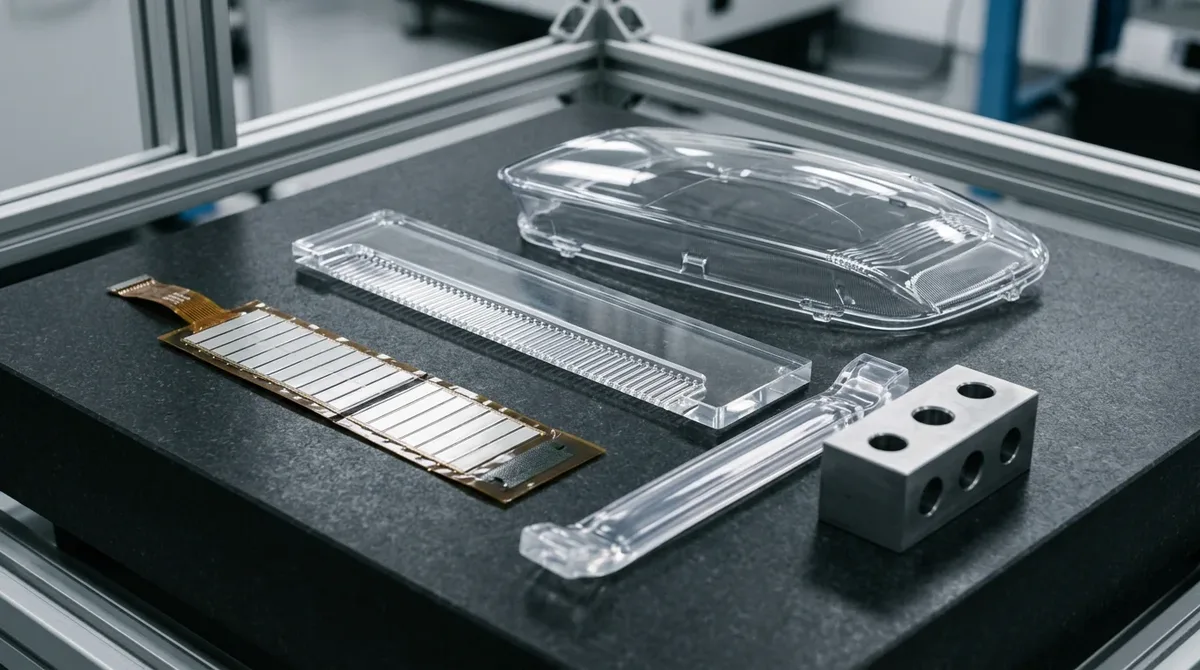 Precision automotive lighting prototypes including PMMA light guide and flexible OLED panel resting flat on metrology plate