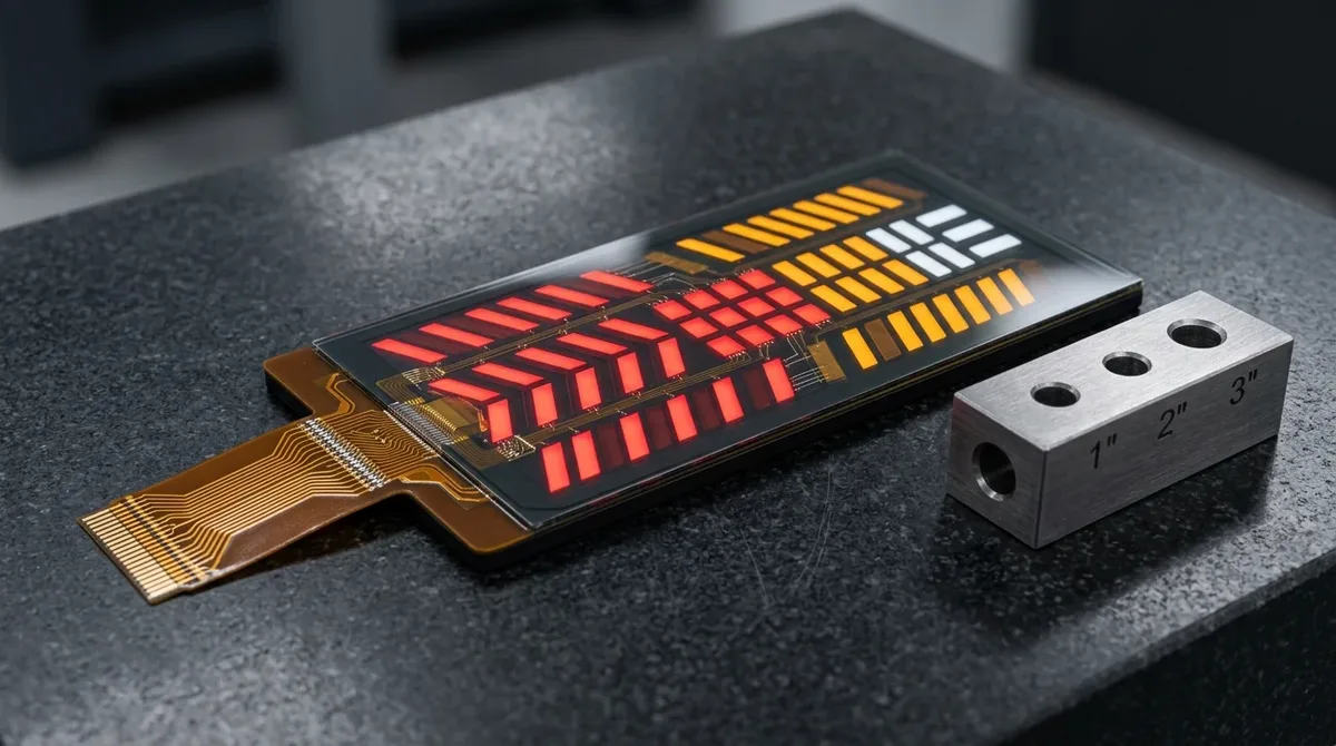 Segmented automotive OLED taillight module prototype with flexible polyimide FPC connector resting flat on granite plate