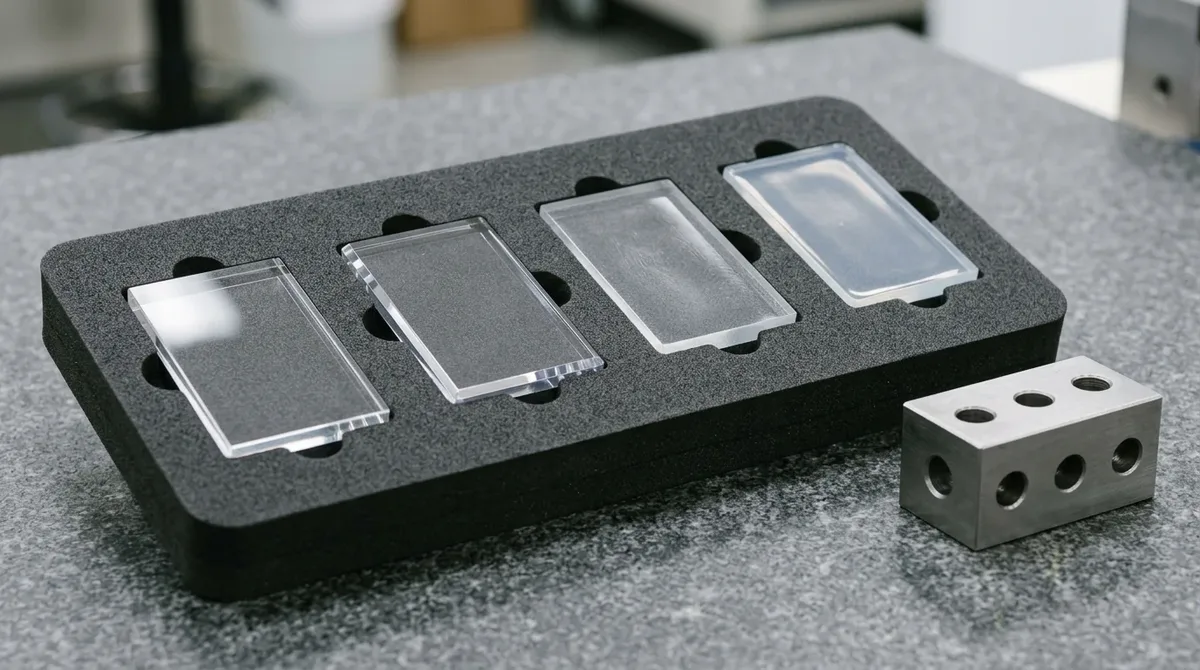 Comparative material specimen set of optical PMMA polycarbonate COC and liquid silicone rubber plaques in custom foam tray