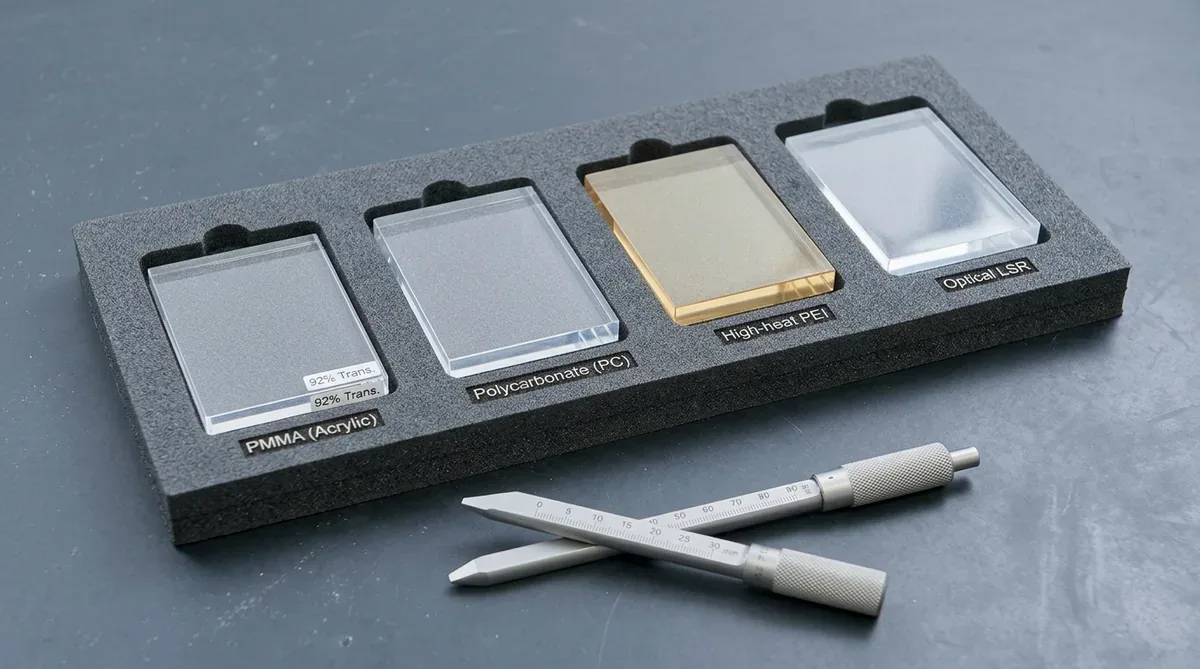 Four precision machined optical polymer specimen blocks optical PMMA, optical polycarbonate, high heat PEI, and optical LSR resting flat inside an ESD foam tray
