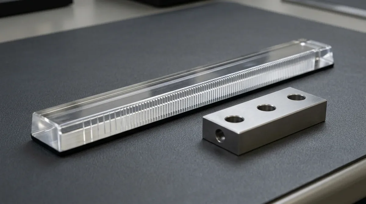 Optical PMMA automotive ambient light guide prototype showing micro-milled graduated extraction flutes for total internal reflection