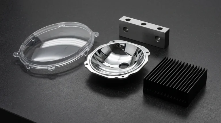 5-axis CNC machined optical polycarbonate headlamp lens and PVD aluminum freeform reflector prototype assembly