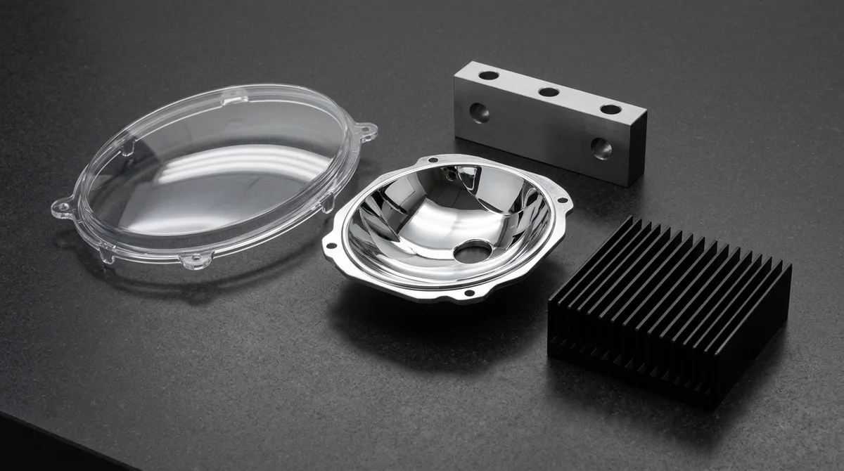 5-axis CNC machined optical polycarbonate headlamp lens and PVD aluminum freeform reflector prototype assembly
