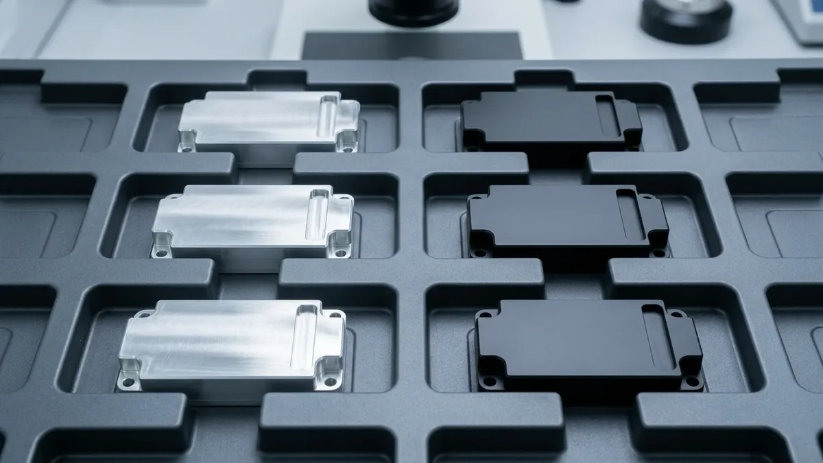 Batch production run of identical precision CNC machined 6061-T6 aluminum electronic enclosures in natural and matte black anodized finishes seated flat in ESD tray