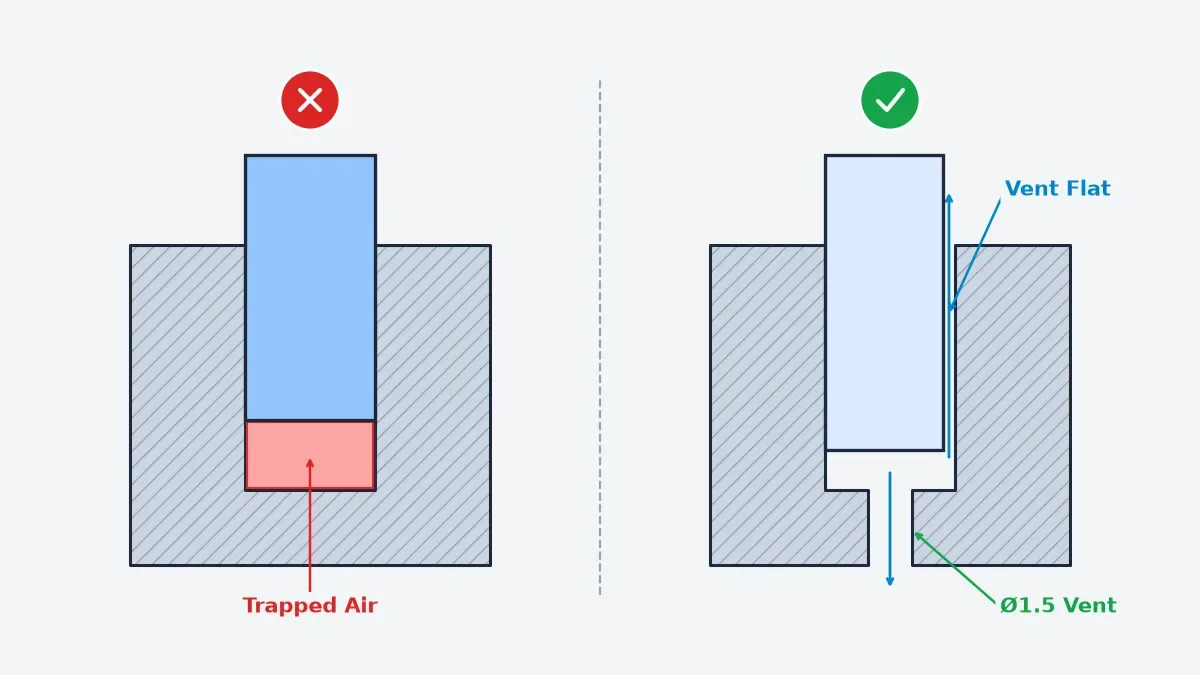 DFM cross-section schematic comparing a trapped-air blind dowel bore against an air-vented dowel pin installation.