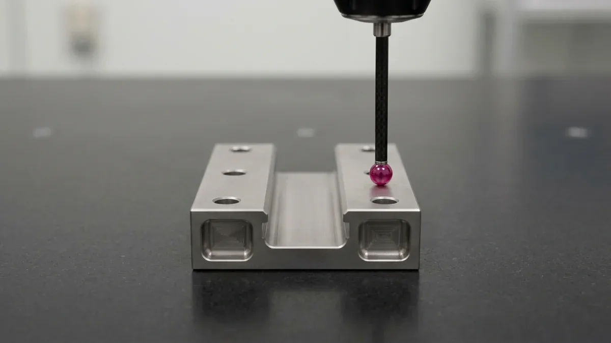 Bridge CMM ruby probe inspecting a CNC machined Ti-6Al-4V titanium C-channel linear actuator guide block