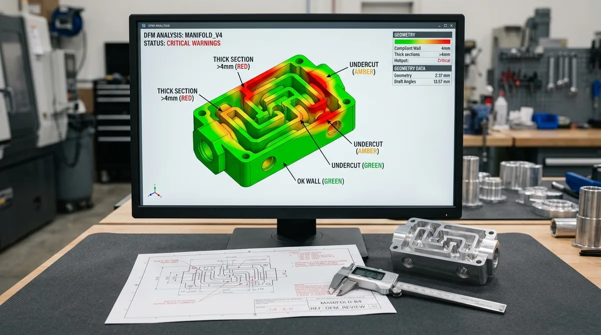 3D CAD DFM Geometry Analysis Workstation Displaying Wall Thickness Heatmap and Redline Engineering Review