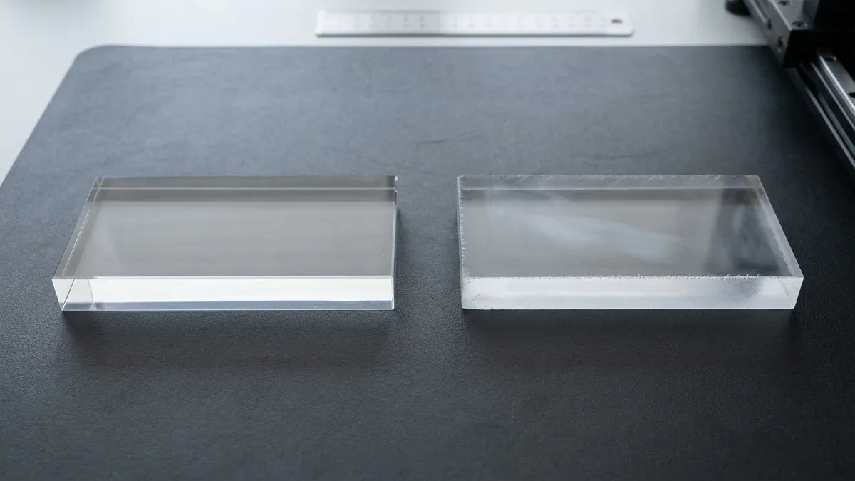 Comparison of Optical-Grade Cell-Cast PMMA vs Extruded Acrylic Test Blocks Lying Flat on ESD Surface