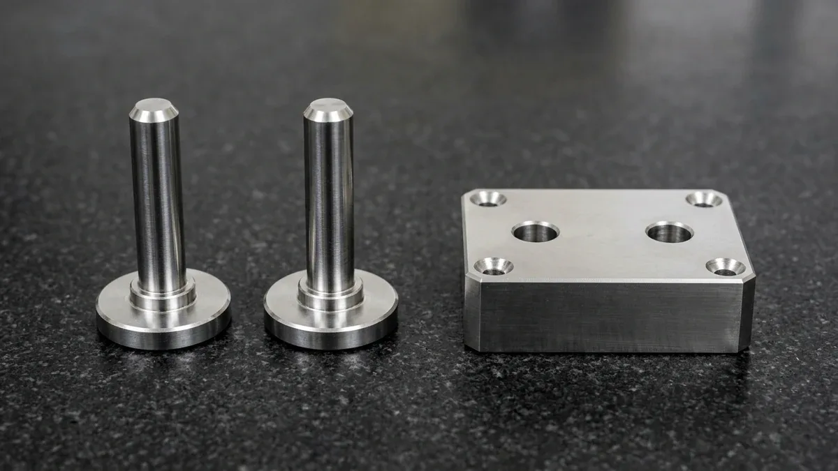 Mirror-polished centerless-ground 440C stainless steel cylindrical dowel pin resting in a hardened 90-degree steel V-block alongside an upright flanged locating pin and a CNC-machined steel housing block with reamed H7 dowel holes on a black granite surface plate.