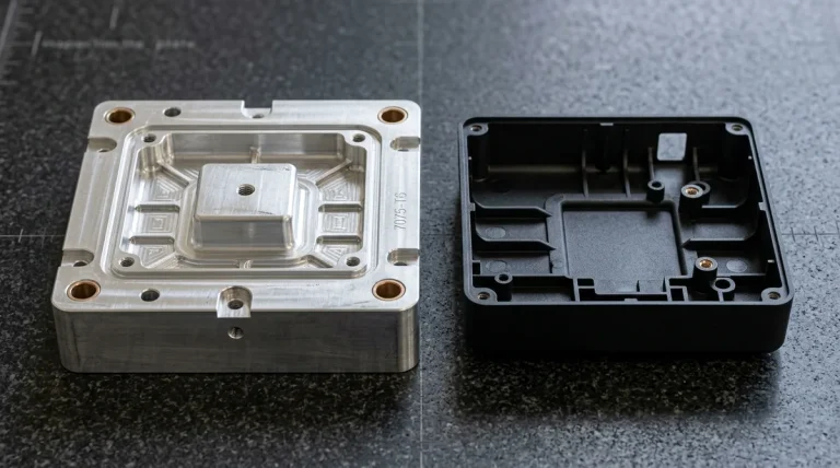 Precision CNC-machined 7075-T6 aluminum rapid tooling core insert resting flat on a granite inspection table beside the matching molded black ABS electronic enclosure housing