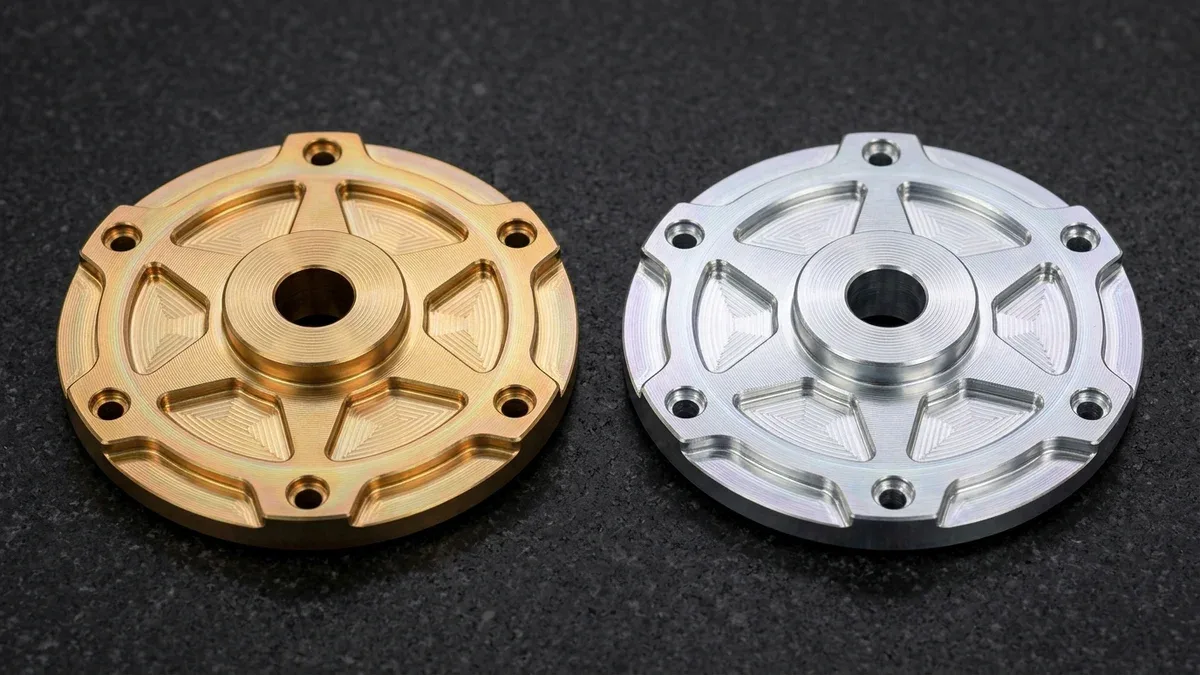 CNC machined 6061-T6 aluminum rotary servo flanges comparing golden Type I and clear Type II chromate conversion coating