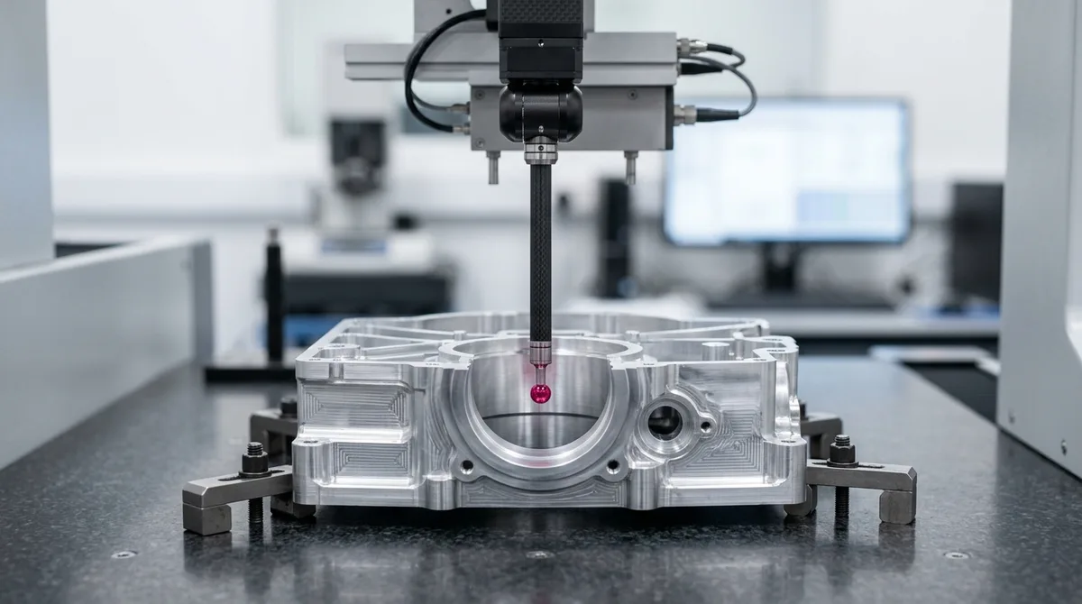 Coordinate measuring machine carbon fiber probe verifying bore concentricity of CNC milled prototype aluminum housing with zero shank interference