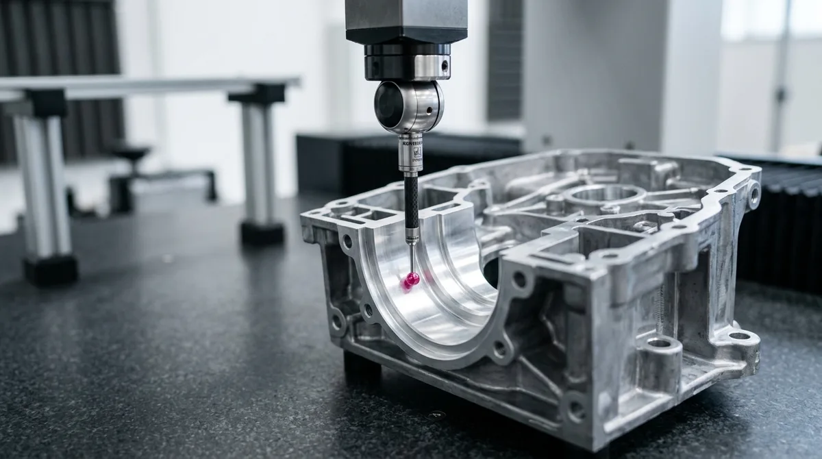 Coordinate Measuring Machine Touch Probe Inspecting Critical Machined Bearing Bore and Datums on Die-Cast Aluminum Housing