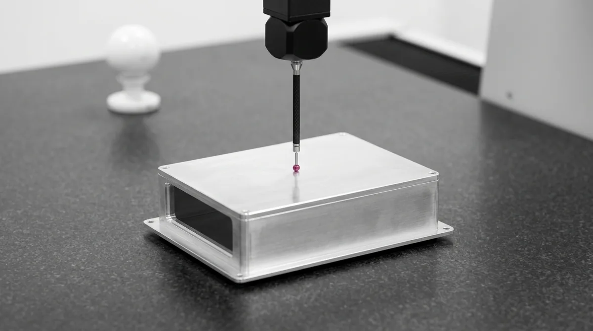 Coordinate measuring machine vertical probe ruby stylus touching Datum A top reference plane of CNC machined aluminum housing