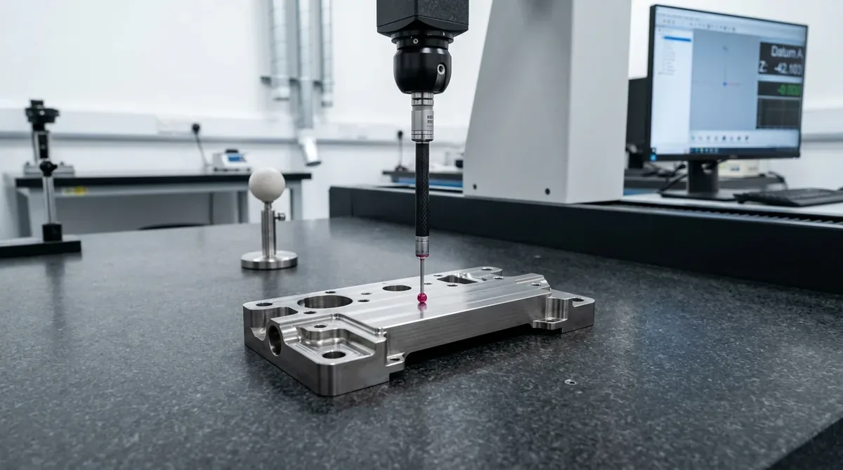 Coordinate measuring machine vertical ruby stylus touching top planar Datum A surface of precision medical titanium prototype resting flat on granite table