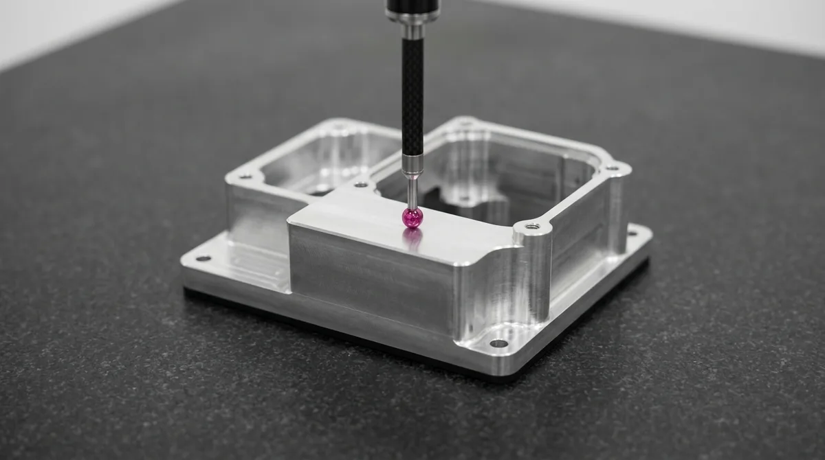Coordinate measuring machine ruby probe verifying Datum Plane A on precision CNC milled 6061-T6 aluminum component
