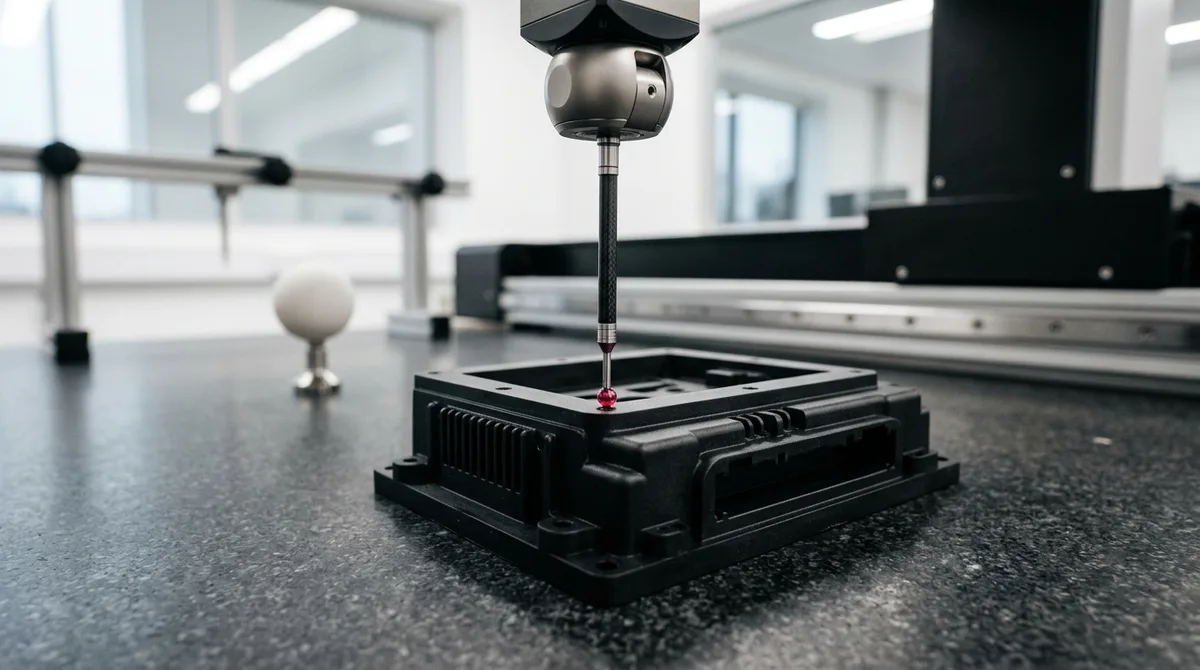 CMM spherical ruby probe inspecting top datum A plane of vacuum cast polyurethane enclosure resting flat on granite plate