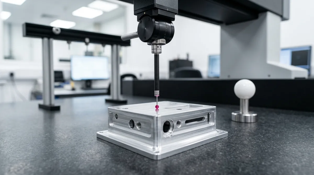 Zeiss coordinate measuring machine CMM ruby touch trigger probe inspecting datum surface A of precision machined aluminum enclosure