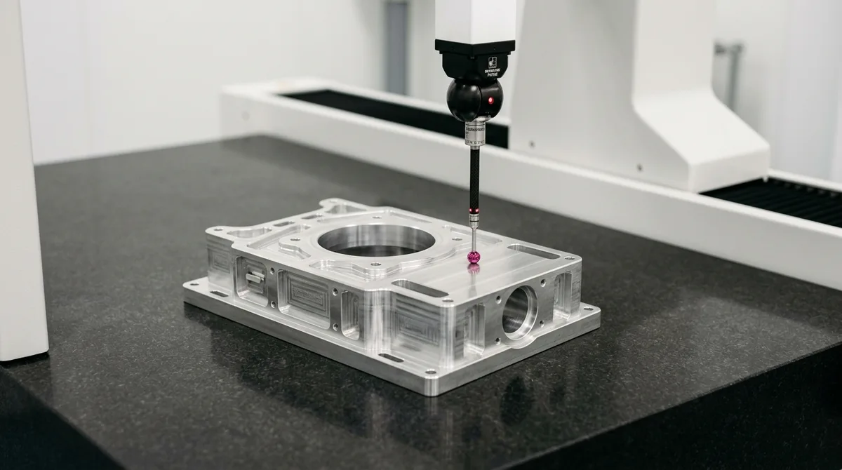Bridge CMM Renishaw Ruby Probe Inspecting Flat Datum A Plane on Machined 7075-T651 Robotic Housing